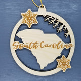 South Carolina Ornament - State Shape with Snowflakes Cutout SC - Handmade Wood Ornament Made in USA Christmas Decor