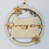Oregon Wood Ornament -  State Shape with Snowflakes Cutout OR - Handmade Wood Ornament Made in USA Christmas Decor