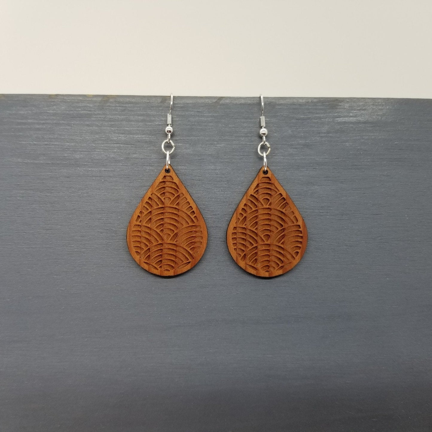 Wood Earrings - Engraved Teardrop Wood Earrings - Dangle Earrings - CA Souvenir Keepsake - Anniversary Gift