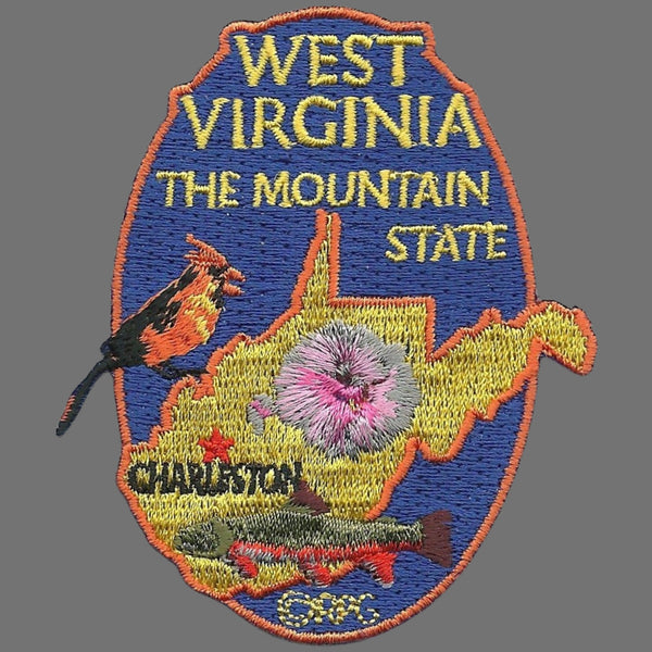 West Virginia Travel Patch WV Souvenir Iron On Embellishment or Applique 3" The Mountain State Brook Trout Rhododendron Northern Cardinal