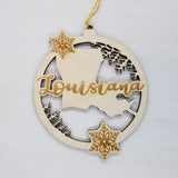 Louisiana Wood Ornament -  LA State Shape with Snowflakes Cutout - Handmade Wood Ornament Made in USA Christmas Decor