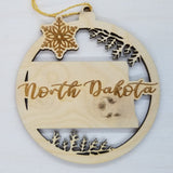 North Dakota Wood Ornament -  ND State Shape with Snowflakes Cutout - Handmade Wood Ornament Made in USA Christmas Decor