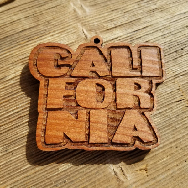 California Spellout Bubble Letters Christmas Ornament Handmade Wood Ornament Made in USA Laser Cut Redwood