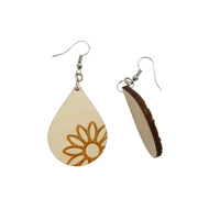 Wood Earrings - Floral Big Daisy Engraved Teardrop Wood Earrings - Dangle Earrings - Gift - Drop Earrings