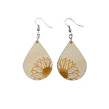 Wood Earrings - Sunflower Flower Floral Engraved Teardrop Wood Earrings - Dangle Earrings - Gift - Drop Earrings Lightweight