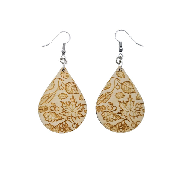 Wood Earrings - Fall Leaves Engraved Teardrop Wood Earrings - Dangle Earrings - Gift