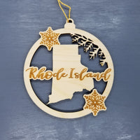 Rhode Island Wood Ornament -  State Shape with Snowflakes Cutout RI - Handmade Wood Ornament Made in USA Christmas Decor