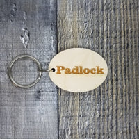 Padlock Door Wood Keychain Key Ring Keychain Gift - Key Chain Key Tag Key Ring Key Fob - Padlock Text Key Marker