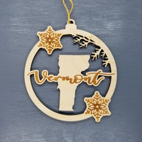 Vermont Wood Ornament -  VT State Shape with Snowflakes Cutout - Handmade Wood Ornament Made in USA Christmas Decor