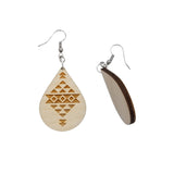 Wood Earrings - Aztec Tribal Boho Lightweight Engraved Teardrop Wood Earrings - Dangle Earrings - Gift - Drop Earrings