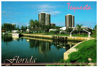 Vintage Florida Postcard 4x6 Tequesta FL Scenic Florida Distributors 1980s Werner Bertsch Buildings Water Boat Vacation Spot