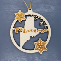 Maine Wood Ornament -  State Shape with Snowflakes Cutout ME - Handmade Wood Ornament Made in USA Christmas Decor