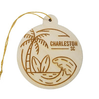 Charleston South Carolina Ornament Handmade Wood Ornament Souvenir SC Ocean Beach Waves Palm Trees Surfboards Travel Gift Made in USA