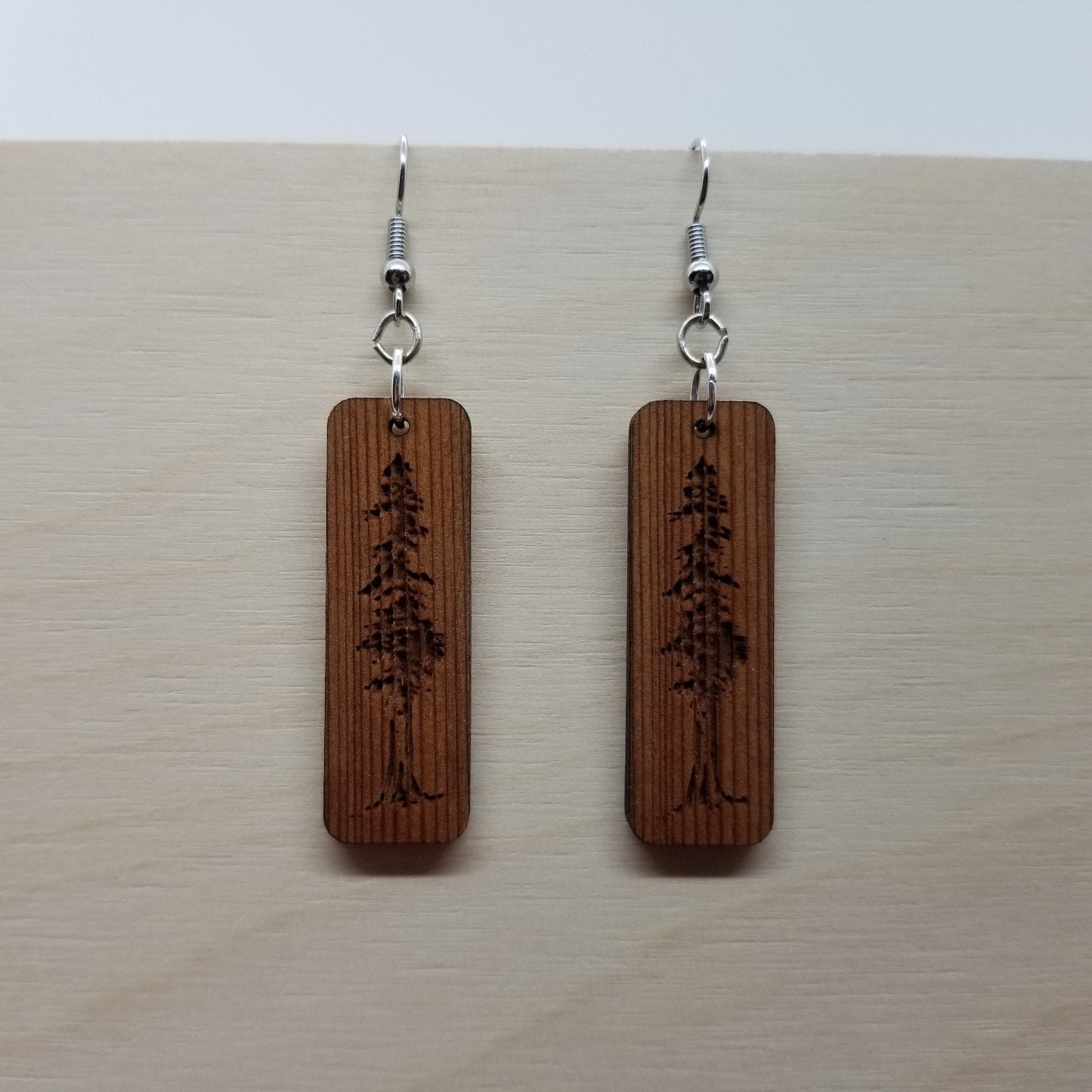 Redwood Earrings - Engraved Tree Rectangle Wood Earrings - California Redwood Dangle Earrings - CA Souvenir Keepsake - Anniversary Gift -