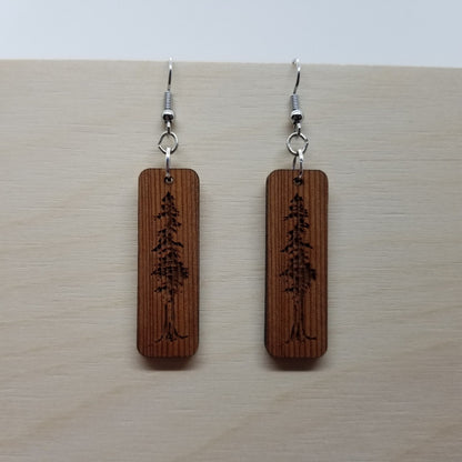 Redwood Earrings - Engraved Tree Rectangle Wood Earrings - California Redwood Dangle Earrings - CA Souvenir Keepsake - Anniversary Gift -