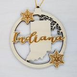 Indiana Ornament - State Shape with Snowflakes Cutout IN Souvenir - Handmade Wood Ornament Made in USA Christmas Decor