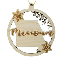 Missouri Wood Ornament -  MO State Shape with Snowflakes Cutout - Handmade Wood Ornament Made in USA Christmas Decor
