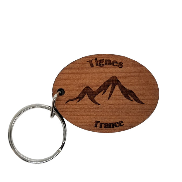 Tignes France Keychain Mountains Wood Keyring Tignes Souvenir Mountain Ski Resort Skiing Skier French Alps Key Tag Bag