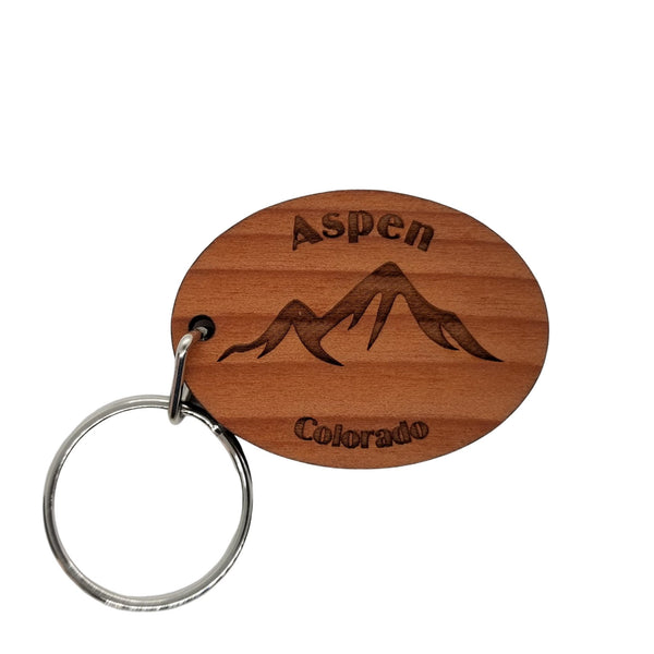 Aspen Colorado Keychain Mountains Wood Keyring CO Souvenir Mountains Resort Ski Skiing Skier Snowmobiling Key Tag Bag