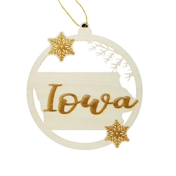 Iowa Ornament - State Shape with Snowflakes Cutout IA Souvenir - Handmade Wood Ornament Made in USA Christmas Decor