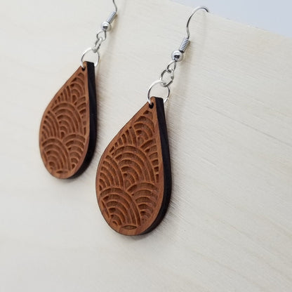 Wood Earrings - Engraved Teardrop Wood Earrings - Dangle Earrings - CA Souvenir Keepsake - Anniversary Gift