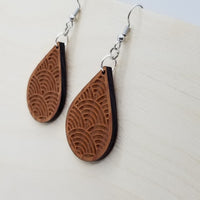 Redwood Earrings - Engraved Teardrop Wood Earrings - California Redwood Dangle Earrings - CA Souvenir Keepsake - Anniversary Gift