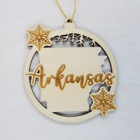 Arkansas Ornament - State Shape with Snowflakes Cutout AR - Handmade Wood Ornament Made in USA Christmas Decor