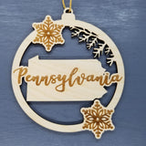Pennsylvania Wood Ornament -  PA State Shape with Snowflakes Cutout - Handmade Wood Ornament Made in USA Christmas Decor