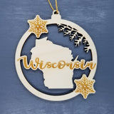 Wisconsin Wood Ornament - WI State Shape with Snowflakes Cutout - Handmade Wood Ornament Made in USA Christmas Decor