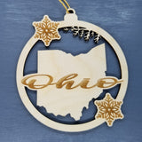 Ohio Wood Ornament -  State Shape with Snowflakes Cutout OH - Handmade Wood Ornament Made in USA Christmas Decor