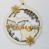 Michigan Wood Ornament -  MI State Shape with Snowflakes Cutout - Handmade Wood Ornament Made in USA Christmas Decor