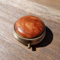 Handmade Pill Box 3 Sections Redwood Top California Burl #399 Souvenir Memento Rustic Antique Bronze