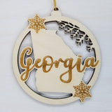 Georgia Ornament - State Shape with Snowflakes Cutout GA Souvenir- Handmade Wood Ornament Made in USA Christmas Decor