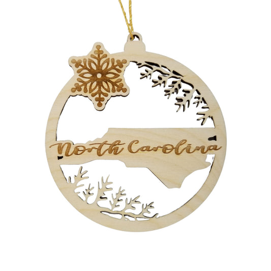 North Carolina Wood Ornament -  NC State Shape with Snowflakes Cutout - Handmade Wood Ornament Made in USA Christmas Decor