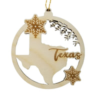 Texas Wood Ornament -  TX State Shape with Snowflakes Cutout - Handmade Wood Ornament Made in USA Christmas Decor