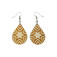 Wood Earrings - Abstract Star Rays Pattern Engraved Teardrop Wood Earrings - Dangle Earrings - Anniversary Gift Starburst