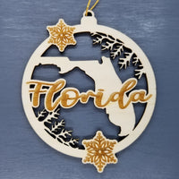 Florida Wood Ornament -  FL State Shape with Snowflakes Cutout - Handmade Wood Ornament Made in USA Christmas Decor