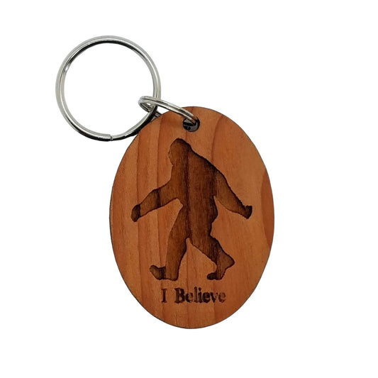 Bigfoot I Believe Wood Keychain Sasquatch Redwood - Bigfoot Believer Gift - 4081