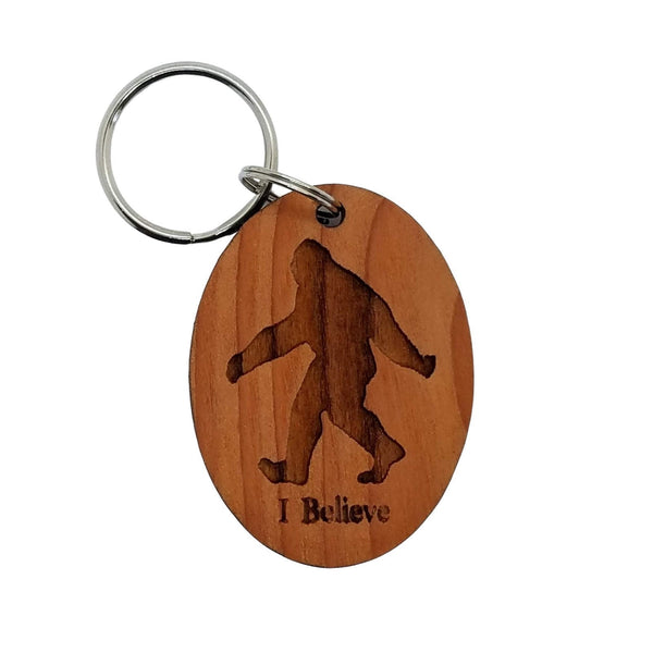 Bigfoot I Believe Wood Keychain Sasquatch Redwood - Bigfoot Believer Gift