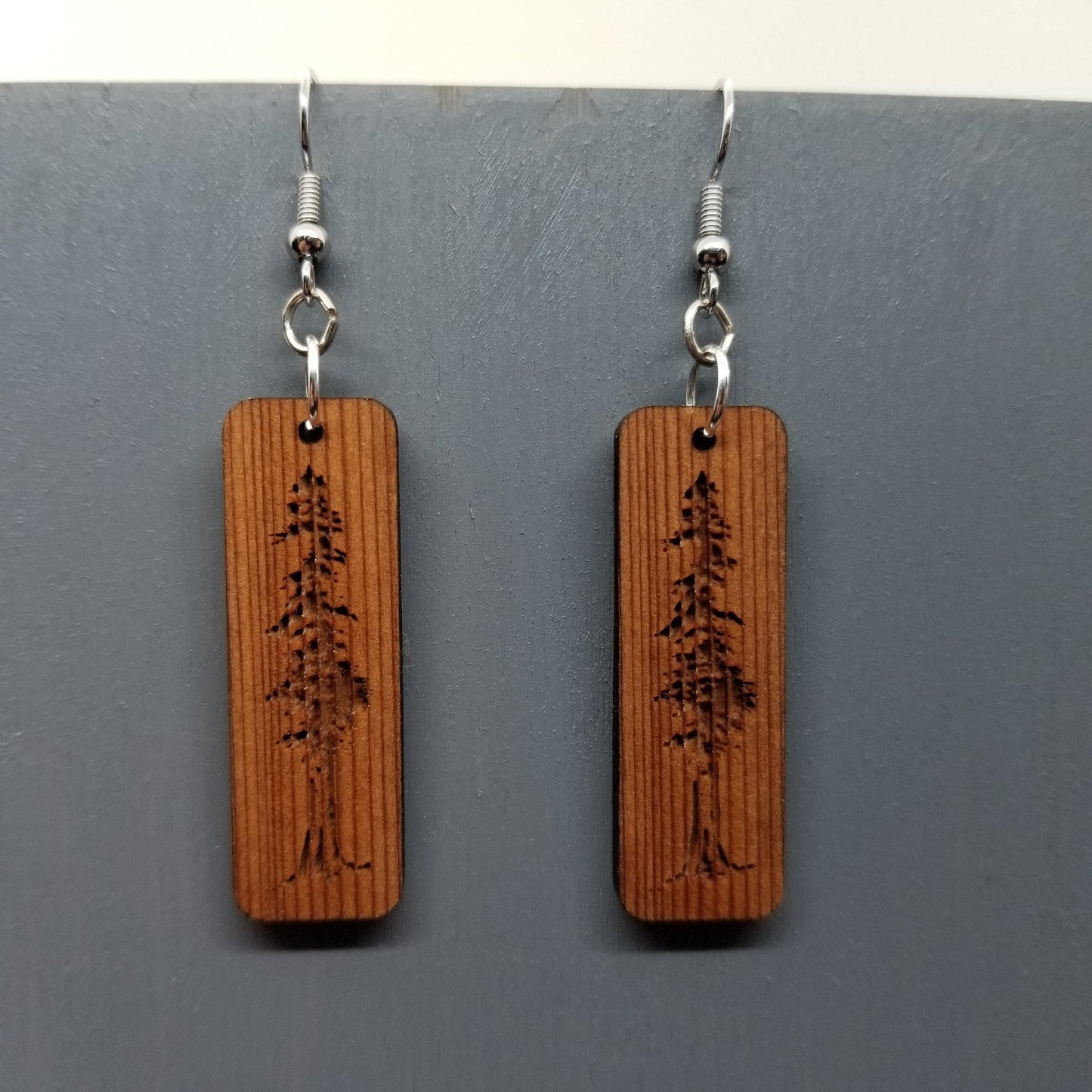 Redwood Earrings - Engraved Tree Rectangle Wood Earrings - California Redwood Dangle Earrings - CA Souvenir Keepsake - Anniversary Gift -