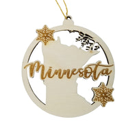 Minnesota Wood Ornament -  MN State Shape with Snowflakes Cutout - Handmade Wood Ornament Made in USA Christmas Decor