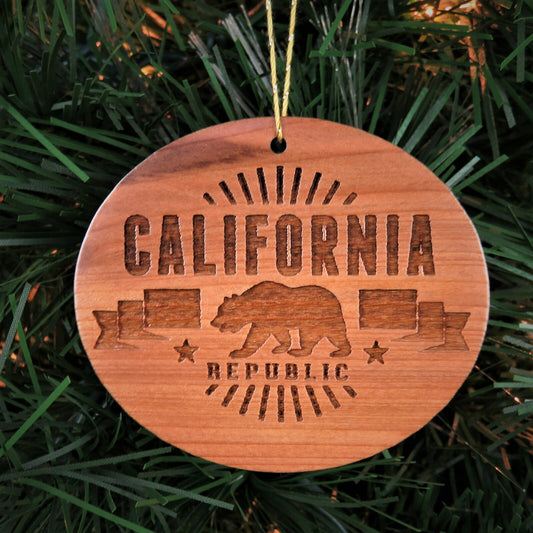 California Republic Bear Christmas Ornament Wood Souvenir Redwood
