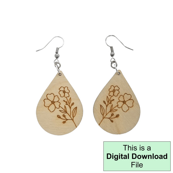 Floral Flower Teardrop Dangle Wooden Earrings Laser Cut and Engrave SVG File Engrave Only Digital Download Cut Your Own Pattern