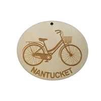 Nantucket Wood Ornament - Womens Bicycle with Basket and Bike Rack - Handmade Wood Ornament Made in USA Christmas Decor