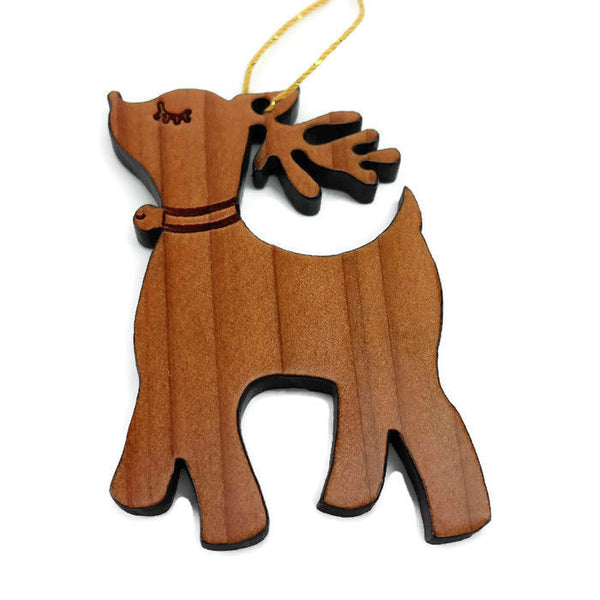Wood Christmas Ornament Reindeer with Bell California Redwoods Laser Cut Handmade Wood Ornament Made in USA