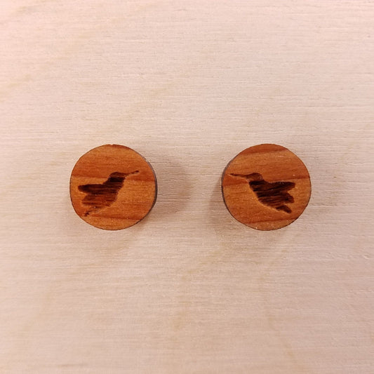 Hummingbird Earrings - Wood Earrings - California Redwood Stud Earrings