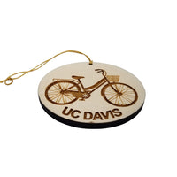 UC Davis Wood Ornament - Womens Bicycle with Basket and Bike Rack