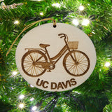 UC Davis Wood Ornament - Womens Bicycle with Basket and Bike Rack