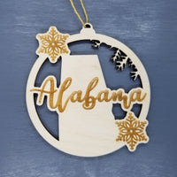 Alabama Wood Ornament -  AL State Shape with Snowflakes Cutout - Handmade Wood Ornament Made in USA Christmas Decor