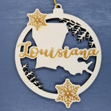 Louisiana Wood Ornament -  LA State Shape with Snowflakes Cutout - Handmade Wood Ornament Made in USA Christmas Decor